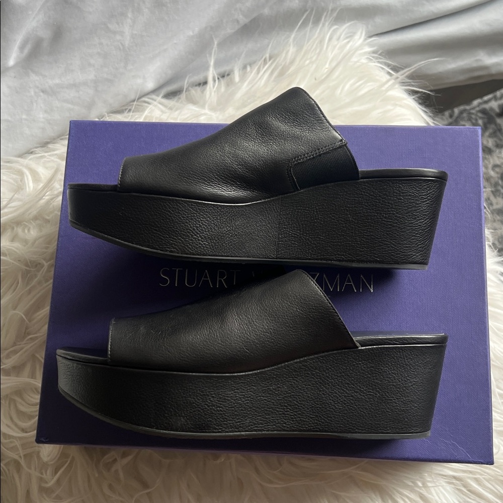 Stuart Weitzman Black Leather Platform Mules Size 7- NWT